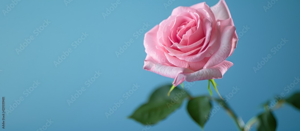 Aufkleber pink rose in full bloom positioned to the right against a soft blue background with ample copy space