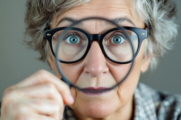 Elderly woman looking through magnifying glass with curiosity, wearing glasses, focused expression.