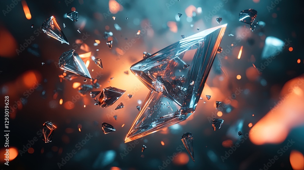 Poster floating geometric shards with reflective surfaces, suspended in a dark abstract space