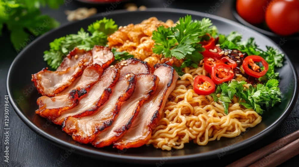 Poster a beautifully arranged plate of instant noodles topped with sliced meats and herbs, creating an invi