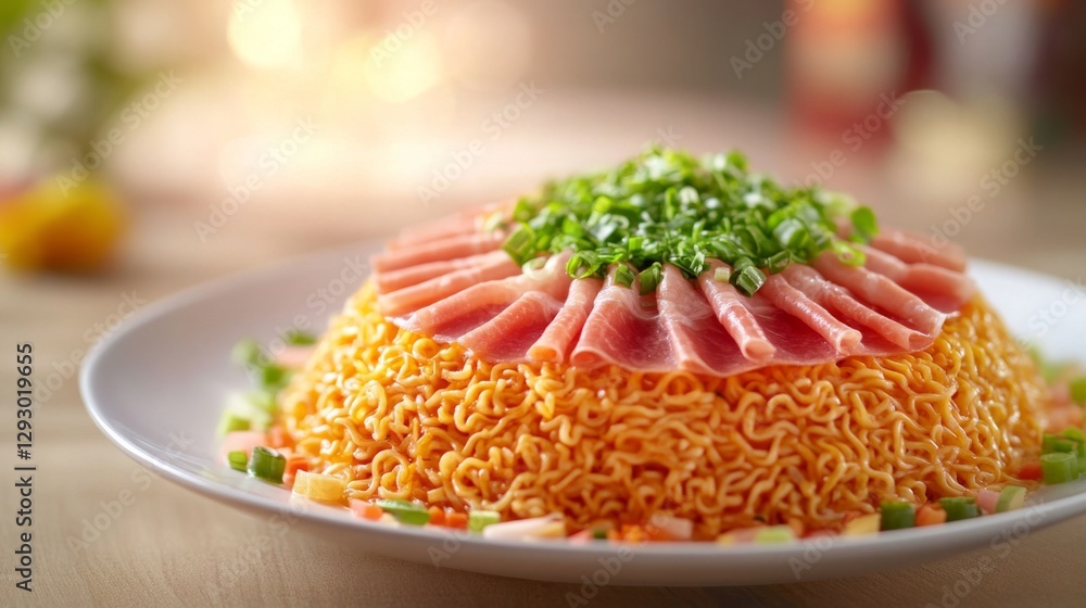 Poster a beautifully arranged plate of instant noodles topped with sliced meats and herbs, creating an invi