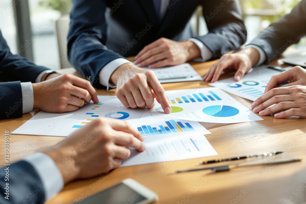 Aufkleber business team analyzing financial charts and graphs in a meeting.
