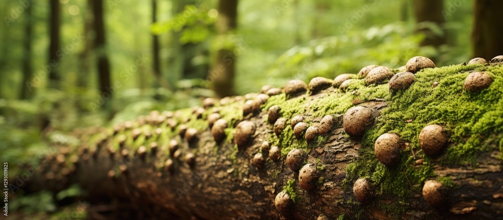 Fototapete textured tree trunk covered in large brown knots and moss in a vibrant green forest setting with sof