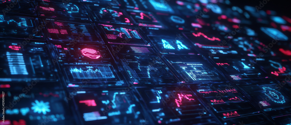 Poster futuristic digital interface with vibrant graphs and data visualizations