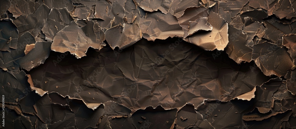 Poster abstract black and brown textured background with peeling layers and a central gap, creating a rusti