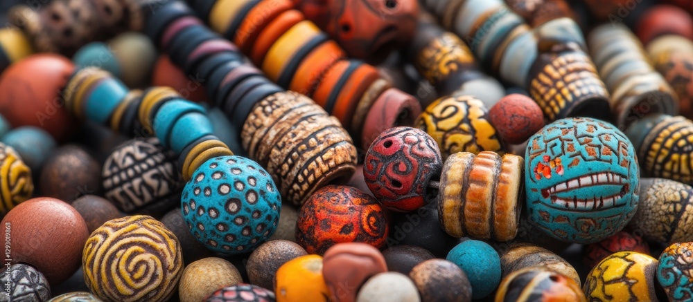 Aufkleber colorful handmade polymer clay beads in various sizes and designs scattered on a textured surface fe