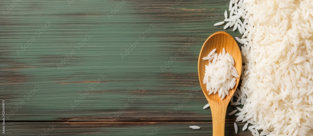 Poster jasmine rice spilled on a rustic green wooden table with a wooden spoon on the right showcasing the 