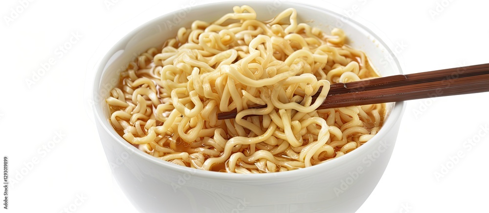 Poster bowl of cooked instant noodles with chopsticks on a white background featuring yellow and beige tone