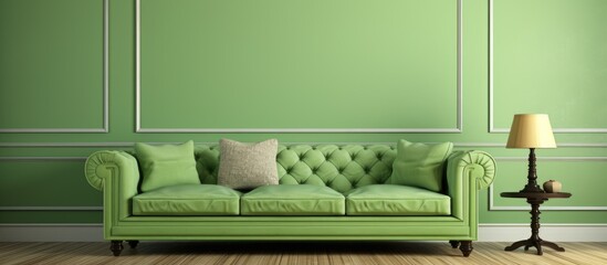 Cozy living room featuring a large soft green tufted sofa against a vibrant green wall, complemented by a stylish lamp and wooden floor.