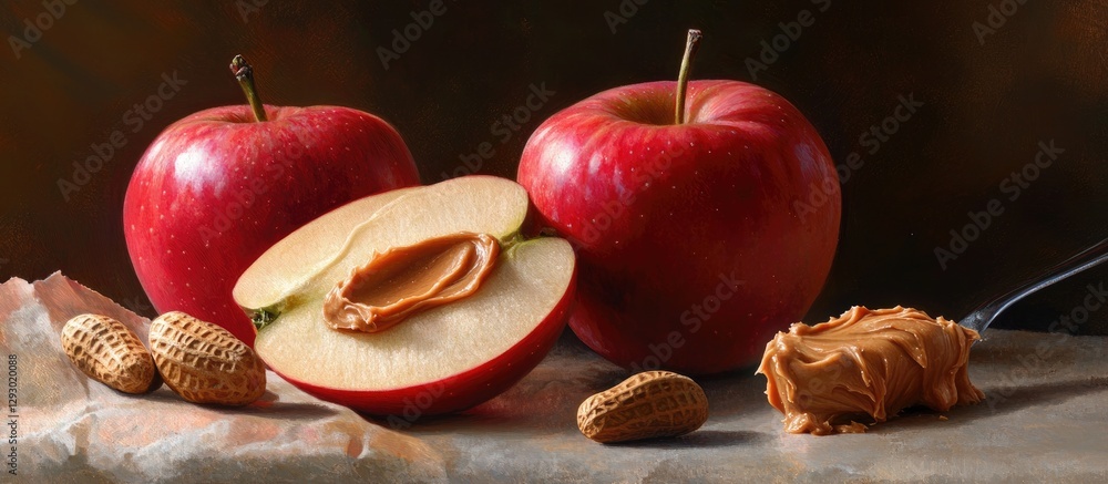 Poster Red apples partially sliced with creamy peanut butter, surrounded by whole peanuts on textured gray surface, natural light highlights the freshness.