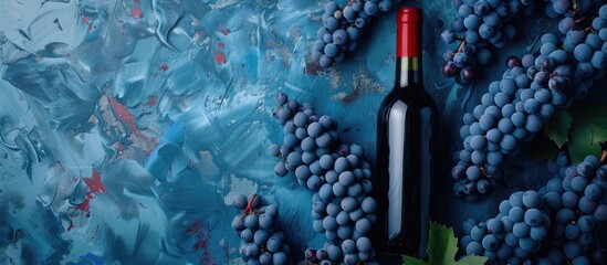 Elegant red wine bottle positioned centrally among blue grapes on a textured blue background with ample copy space on the right side.