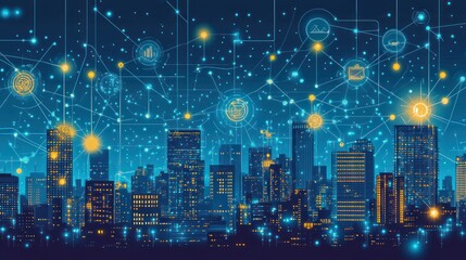 Fototapeta premium Smart city at night, network connections, data flow, urban landscape, technology background