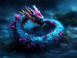 Obraz premium vibrant dragon creature adorned with colorful flowers, coiled gracefully in mystical setting