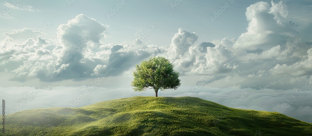 Poster lone green tree atop a gentle hill under a serene cloudy sky with soft light tones creating a peacef