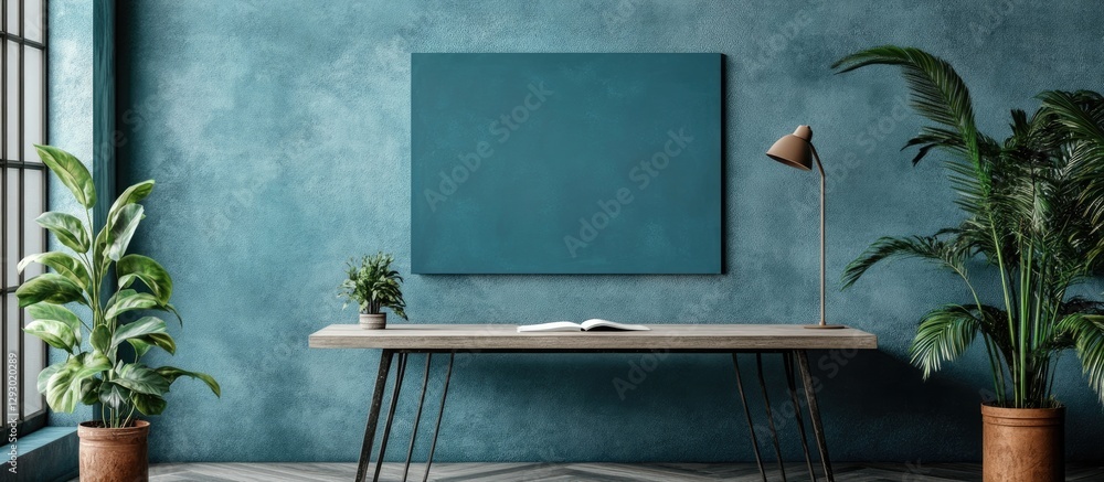 Poster versatile tabletop mockup featuring a blank canvas print against a teal wall, surrounded by greenery