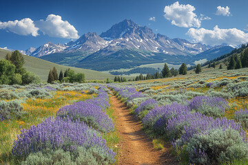Lavender Trail to Majestic Peaks, A Mountain Meadow Landscape