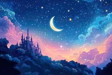 Naklejka premium Magical castle at night, starry sky, dreamy clouds