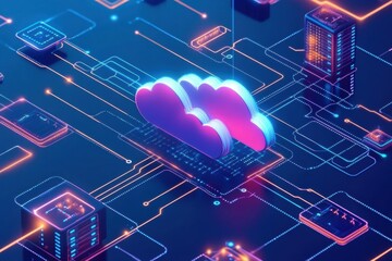 Fototapeta premium Futuristic Cloud Computing Concept with Neon Lights and Data Lines