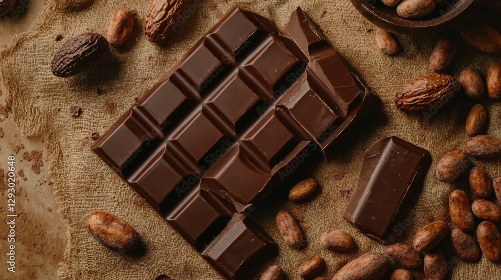 Poster a beautiful overhead shot of chocolate bars and cocoa beans scattered on a rustic table, evoking the