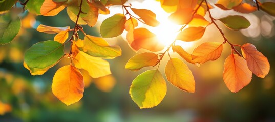 Fototapeta premium Autumn leaves in shades of orange and gold are juxtaposed against a blurred park landscape, illuminated by sunlight and showcasing a stunning bokeh, forming a natural background for the season