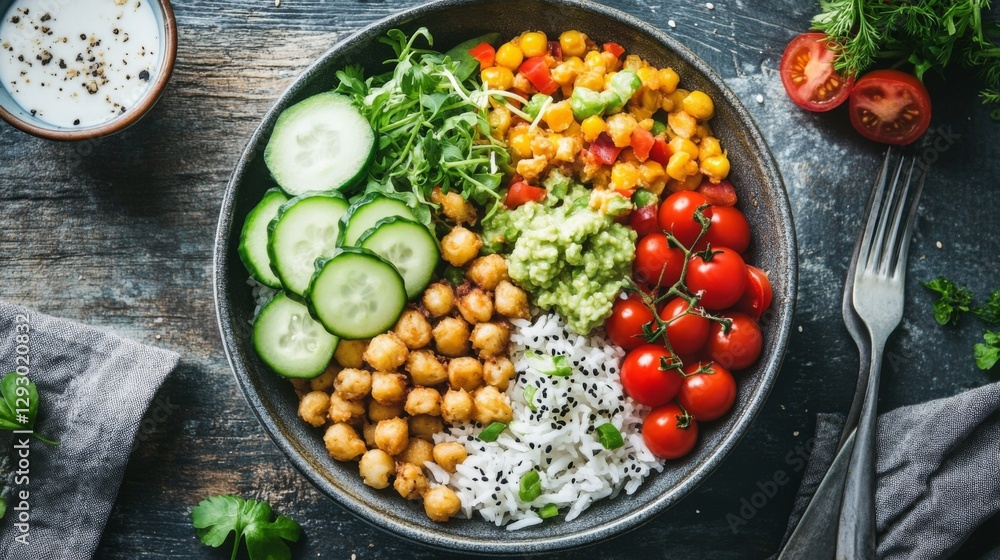 Aufkleber a beautiful overhead view of a bowl of fried rice with various toppings, including sliced cucumber a