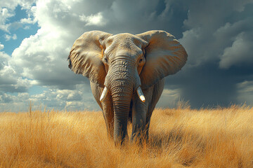 Naklejka premium Majestic elephant emerges on a golden meadow under dramatic skies
