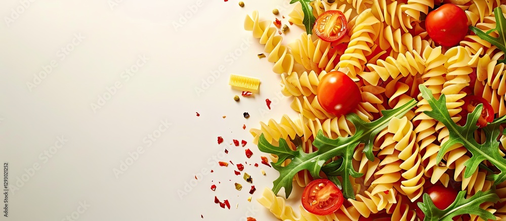 Aufkleber delicious pasta dish with colorful fusilli spiral noodles cherry tomatoes and fresh arugula on a lig