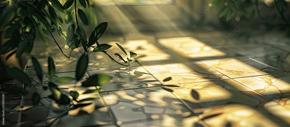 Leinwandbilder sunlight filters through leaves casting intricate shadows on a tiled floor with warm golden hues; a 