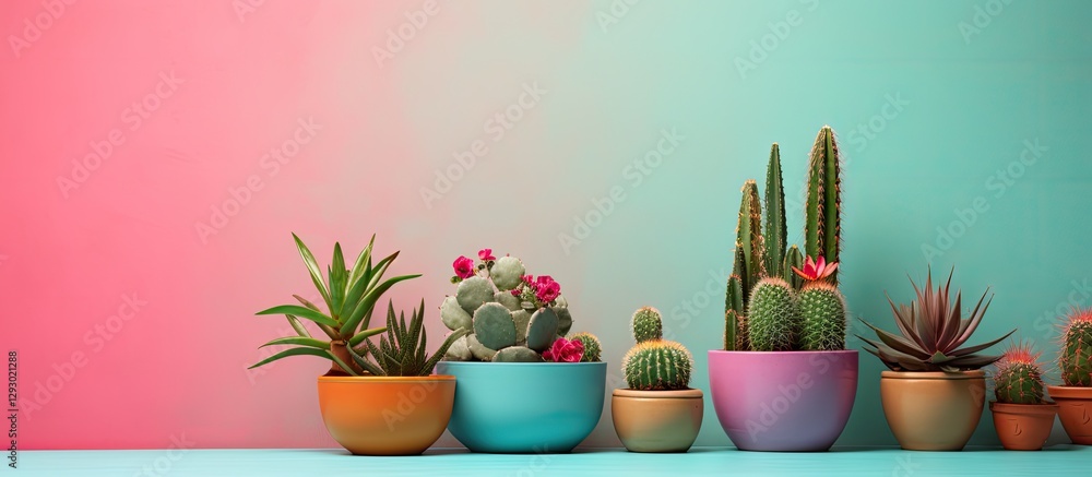 Aufkleber vibrant interior decor featuring assorted cacti in colorful pots against a gradient pink and teal wa