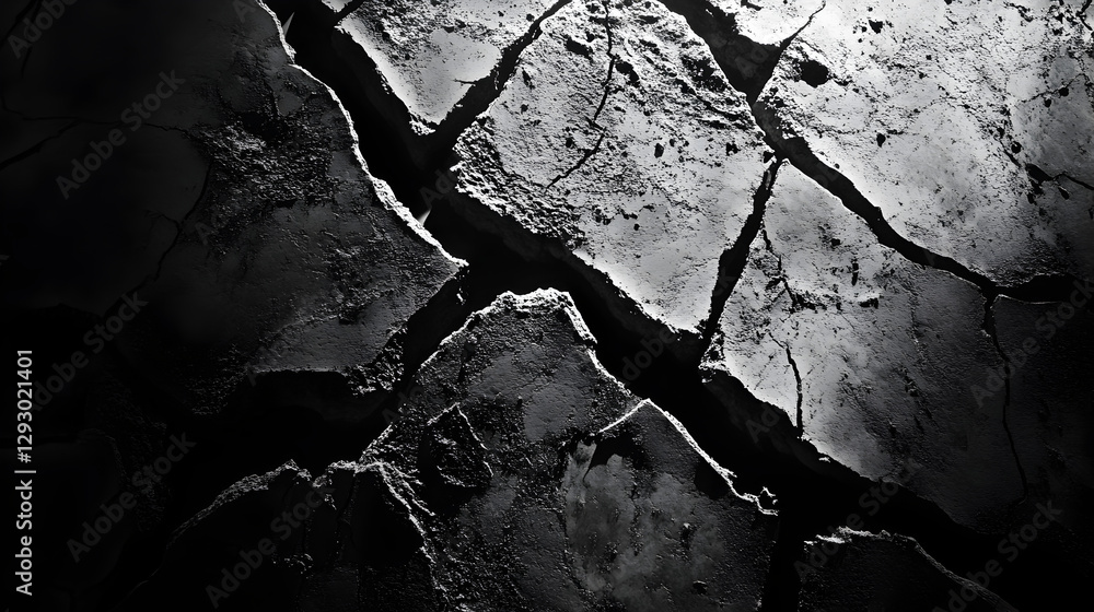 Wall mural of cracked ground with shadows emphasizing depth and texture