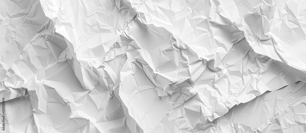 Poster textured white crumpled paper background with deep creases and folds creating ample copy space for c