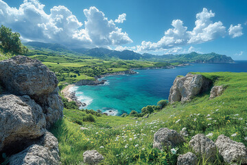 Emerald Coast Vista, Serene Azure Waters and Verdant Hills Panorama