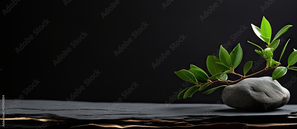 Poster black stone resting on a wooden surface with green branch leaves on the right side under soft lighti