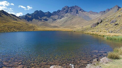 Crystal-clear alpine lake reflecting mountains under a vibrant blue sky.
