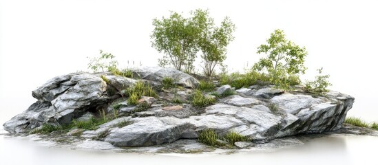 Natural rocky formation with sparse vegetation showcasing green shrubs atop grey textured rocks on a white background emphasizing non-intrusive sampling techniques.
