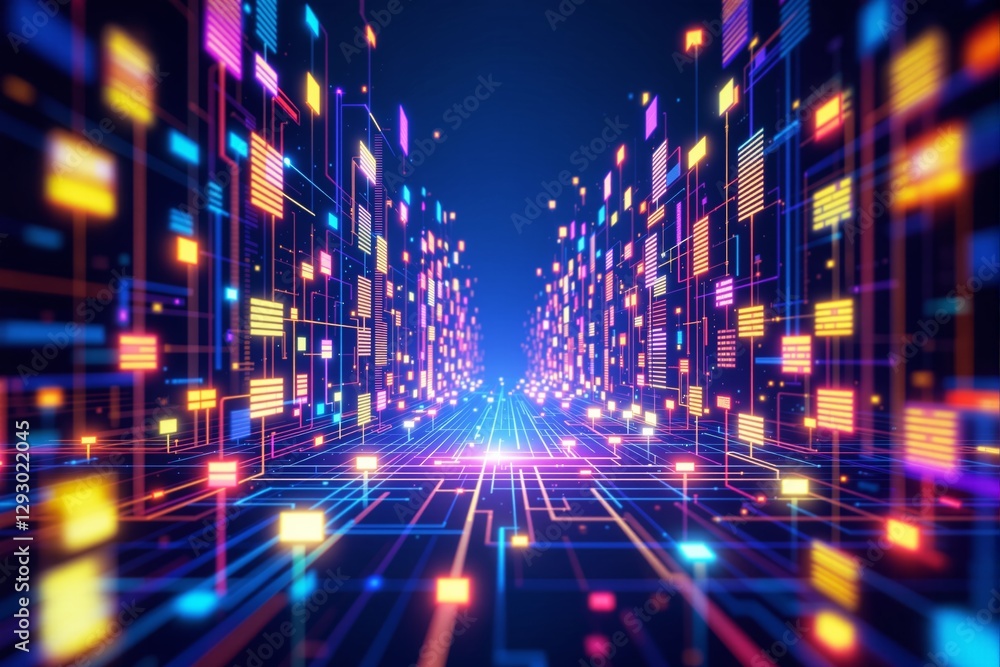 Poster Abstract digital data flow background with vibrant neon light patterns.