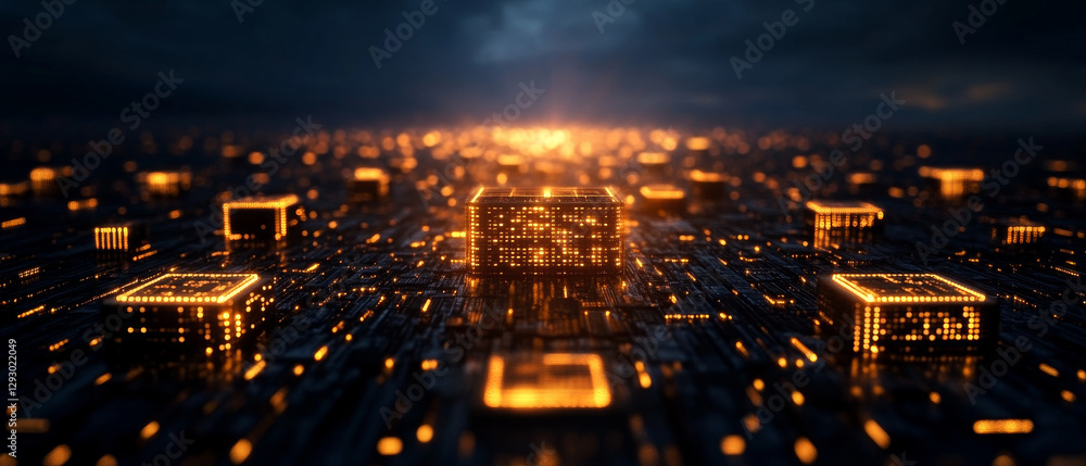 Poster mesmerizing digital landscape featuring glowing circuits and illuminated blocks, symbolizing technol