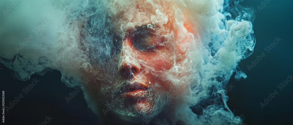 Poster this features serene face partially obscured by colorful smoke, creating ethereal and dreamlike atmo
