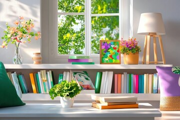 Bright Modern Home Office Backdrop With Books, Flowers, And Natural Light Creating A Bright Ambient Setting