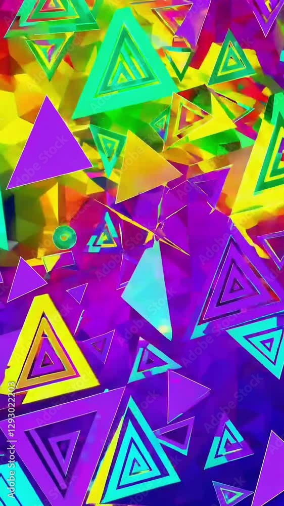 Poster vibrant geometric triangles transition from colorful chaos to harmonious patterns
