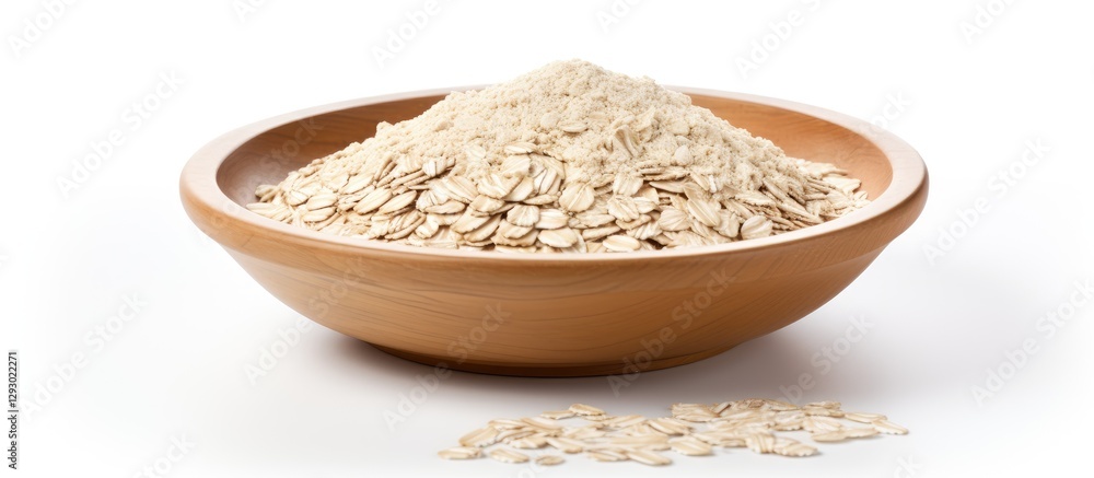 Poster bowl of raw oatmeal piled high on a wooden surface with scattered oats and a clean white background 