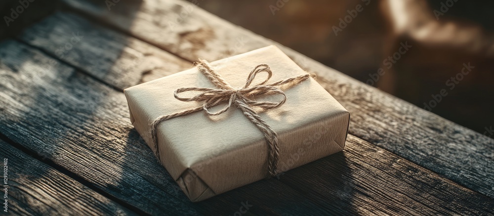 Aufkleber a beautifully wrapped gift box with a rustic twine bow placed on a weathered wooden surface, softly 