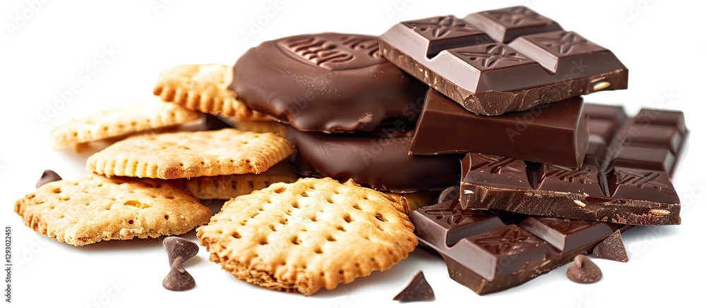 Aufkleber assorted malkist biscuits and chocolate pieces arranged on a white background emphasizing rich brown