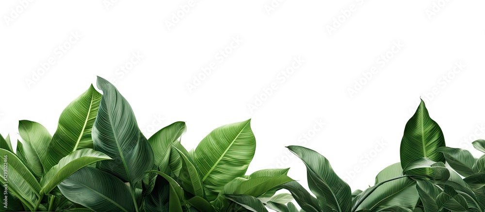 Poster Lush green tropical leaves arranged at the top of a white background creating ample copy space for text or design elements.