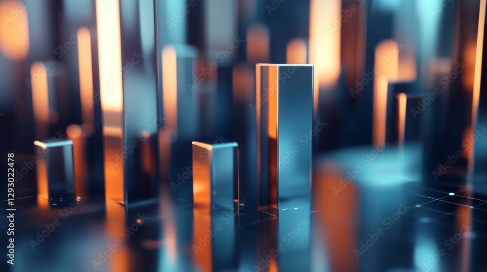 Poster a close-up of a high-tech d bar chart, featuring glossy bars in different heights and glowing accent