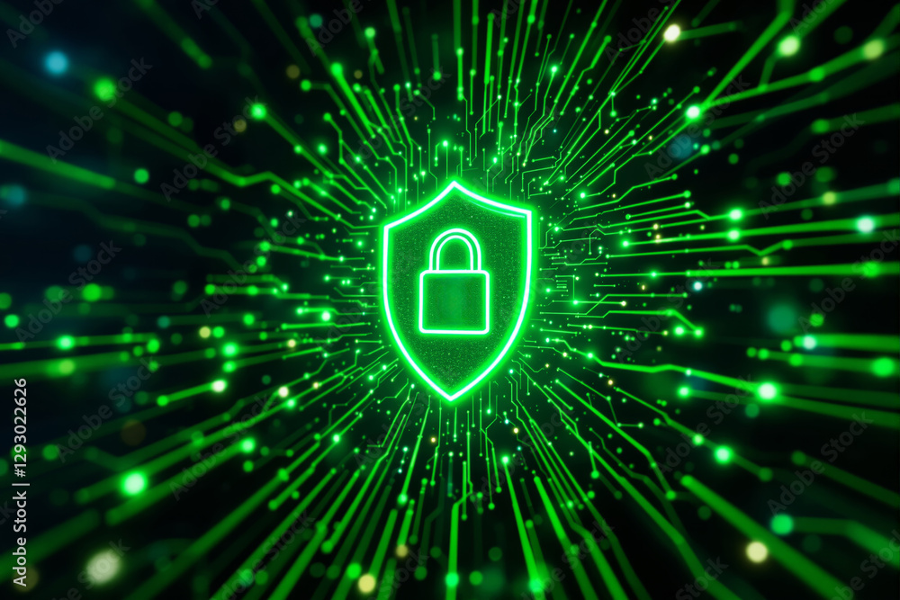 Poster Cybersecurity shield with glowing lock symbol on digital background.