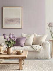 Soft purple living room with floral accents in a cozy atmosphere