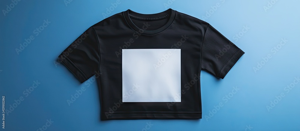 Poster mockup of a black t-shirt with a white design square centered on a blue background highlighting mode