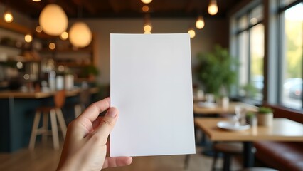 Blank white sheet of paper in hand in cozy cafe with warm lighting
