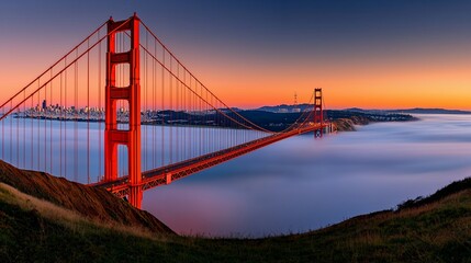 Fototapeta premium Golden Gate Bridge at sunset, fog, city skyline.